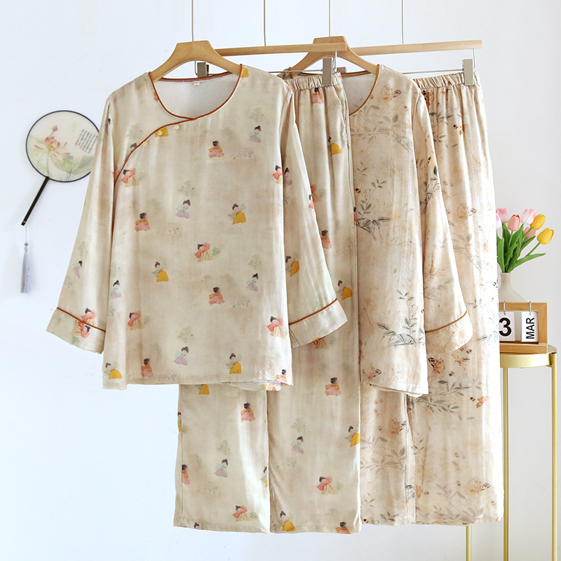New Chinese-style ancient-style pajamas for women in spring and summer, thin bamboo and cotton Chinese-style Hanfu long-sleeved set for home wear, suitable for outdoor wear pic 2