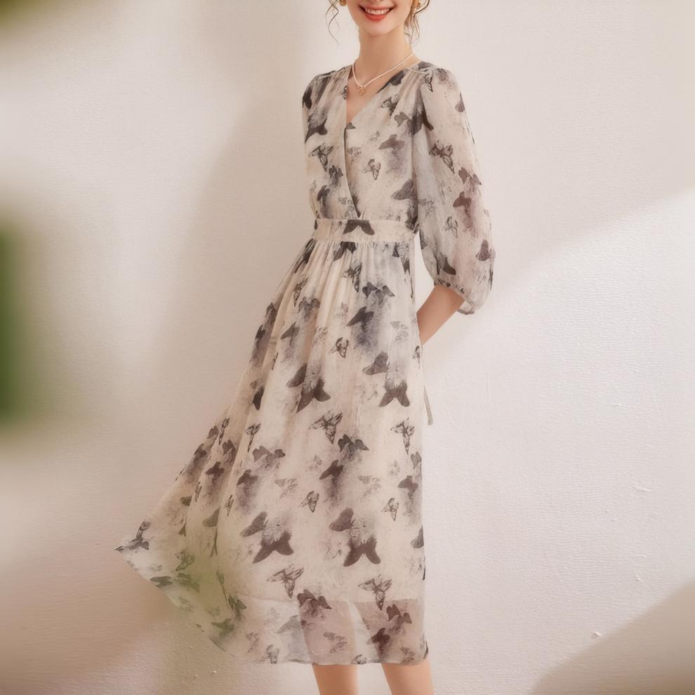 2025春夏新款女人味印花飘逸长裙时尚V领修身女式七分袖连衣裙潮详情19