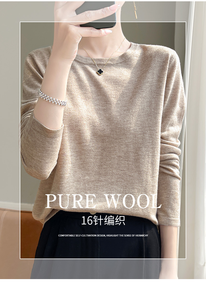 A fine-spun fine wool knitted sweater for women with a round neck, thin spring loose long-sleeved mulberry silk T-shirt, paired with a base layer top pic 3