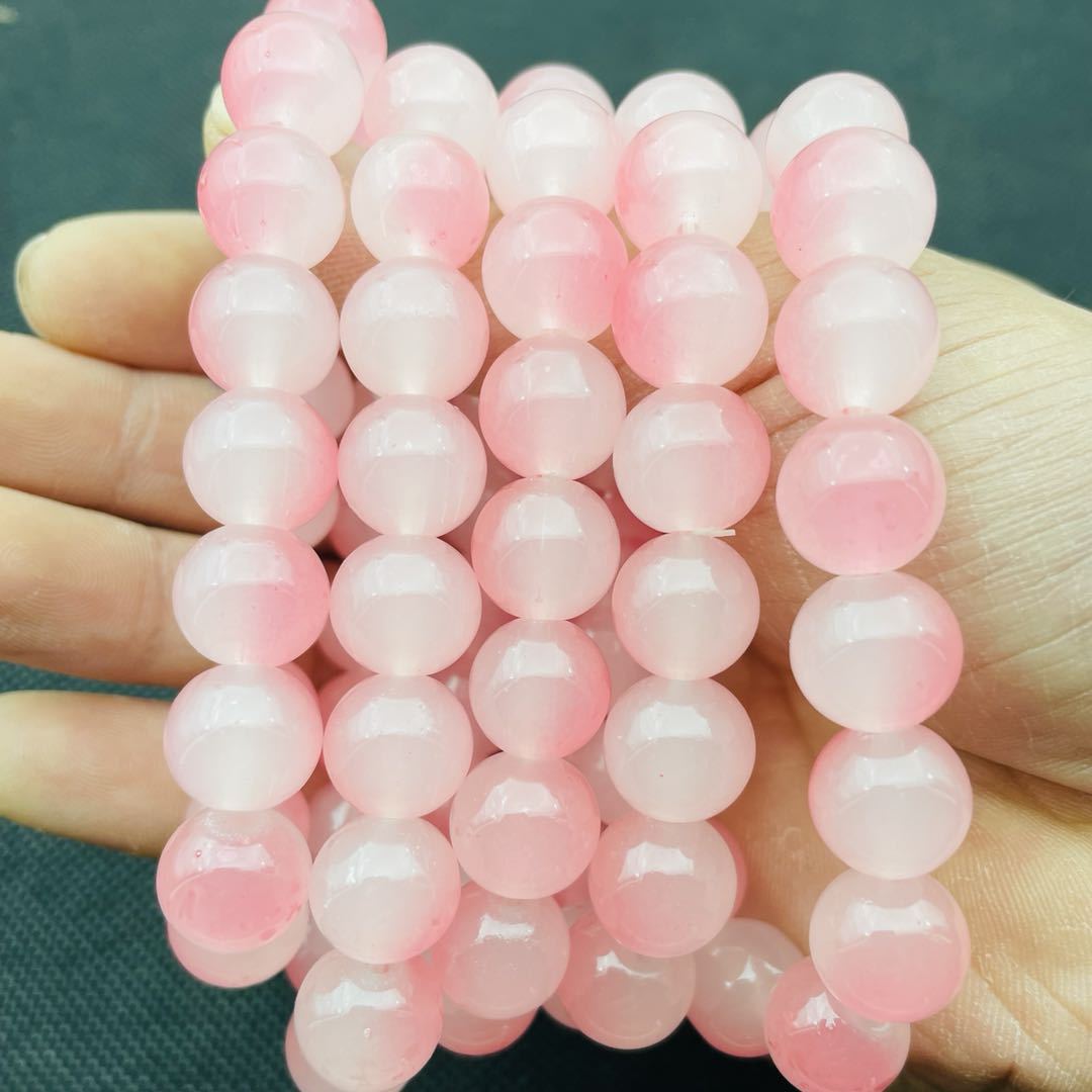 A simple and fresh peach-pink glass bracelet with 12MM beads, a versatile and fashionable bracelet for both men and women, a popular live-streaming accessory gift pic 7