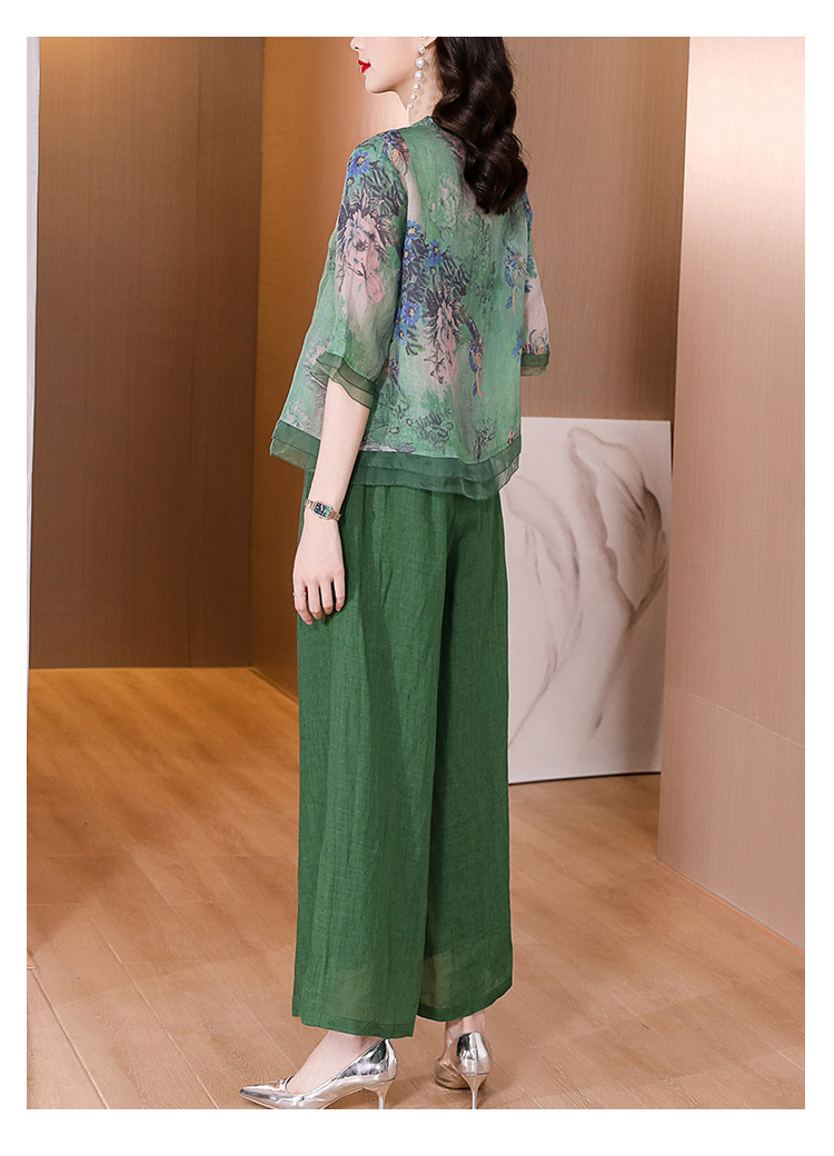 Wide-leg pants set for women, printed ramie shirt top, 2023 new style, retro large-sized cotton and linen pants two-piece set for summer pic 17