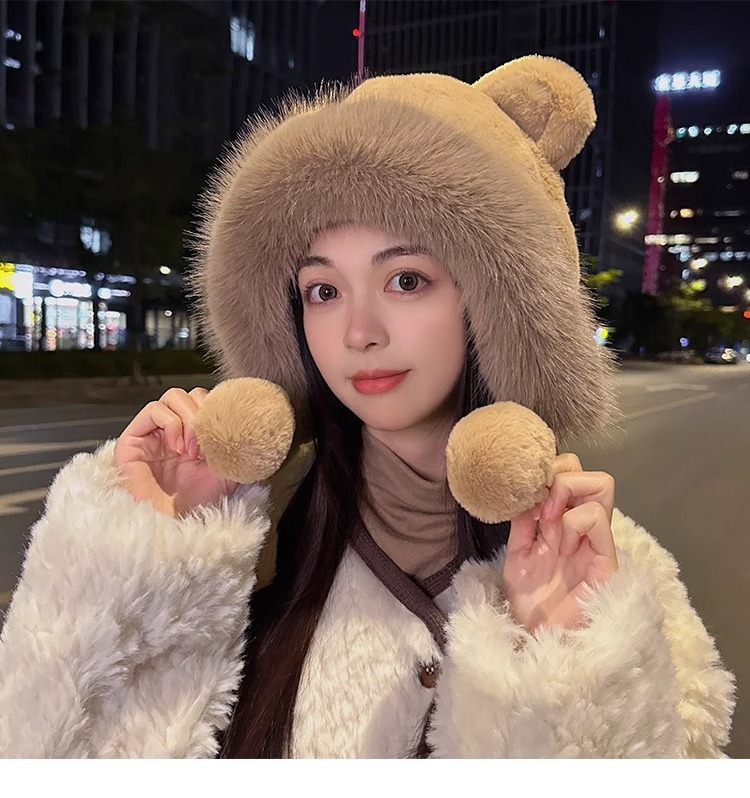 秋冬季可爱小熊毛绒绒百搭护耳包头帽女加厚套头防寒保暖加厚帽子详情23