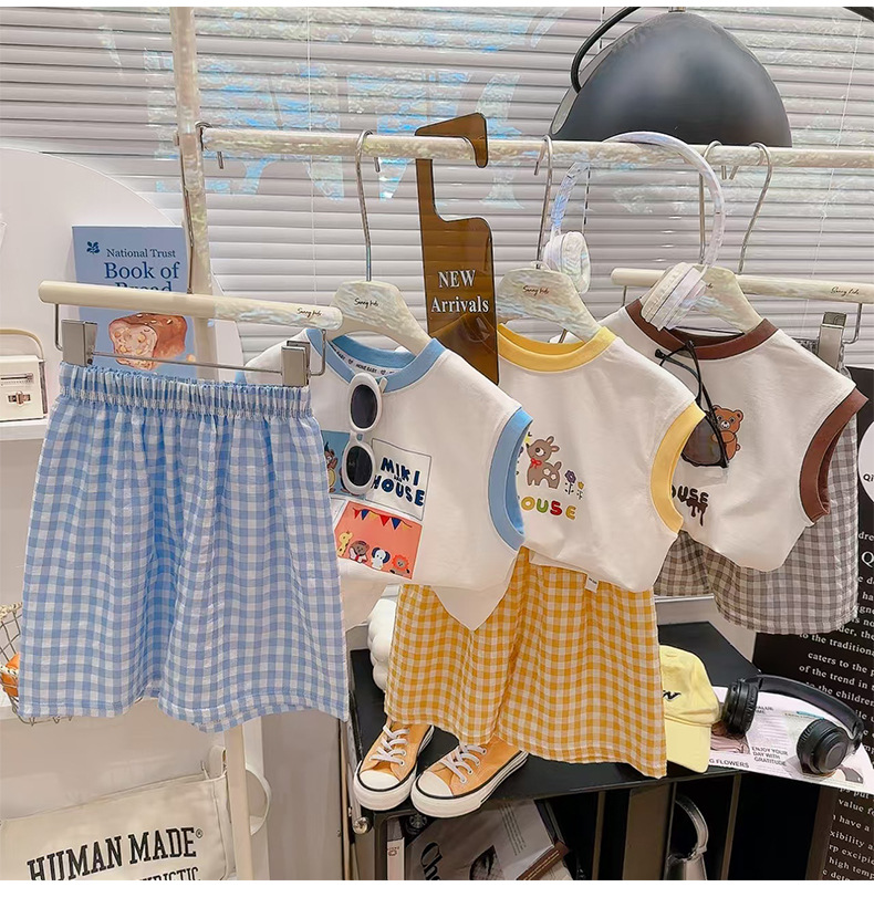 夏季新款百搭涂鸦背心格子t恤短裤两件套男女童套装莱卡棉详情9