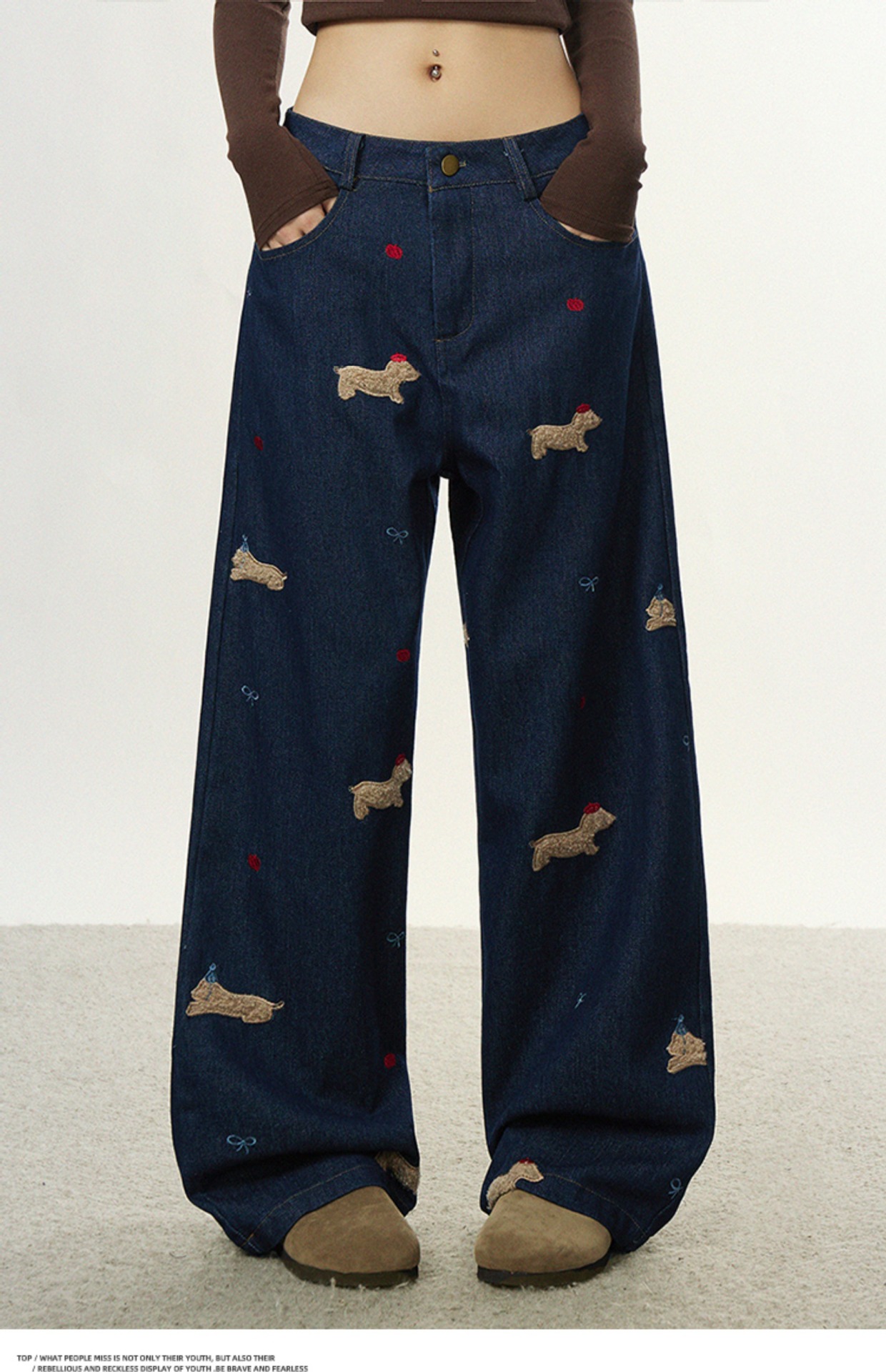 美式复古小狗贴布刺绣牛仔裤男女春秋设计感直筒裤宽松阔腿拖地裤详情7