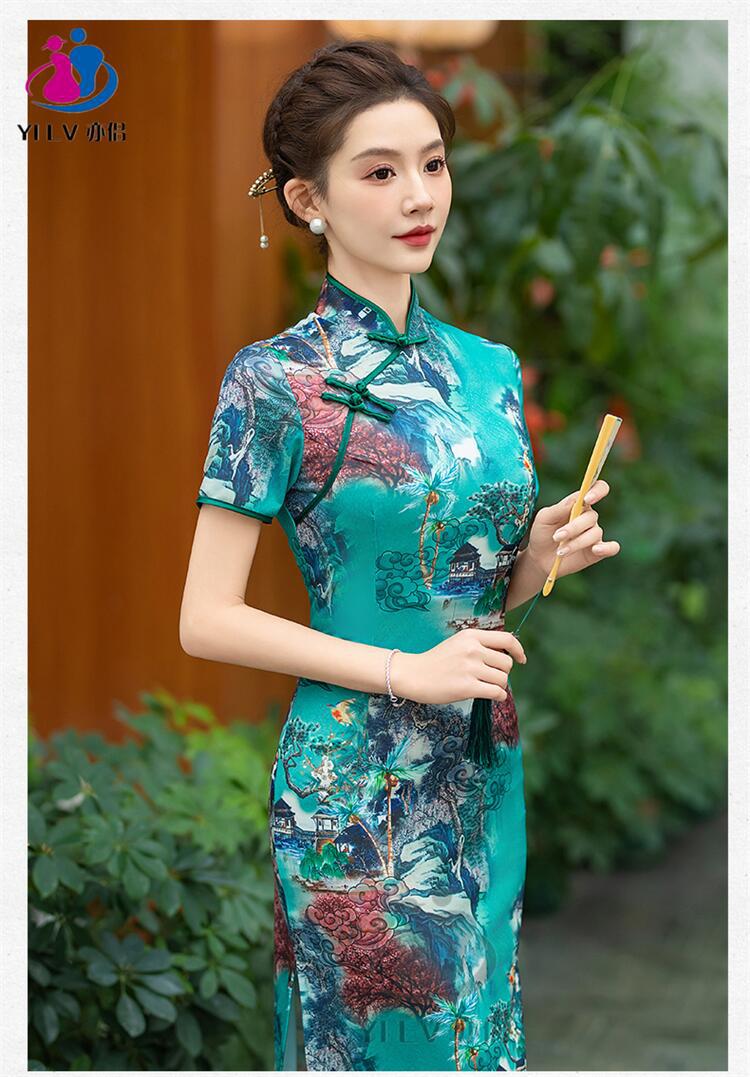 亦侣新款旗袍长款修身夏款复古民国年轻款气质高端大气走秀表演国潮详情9