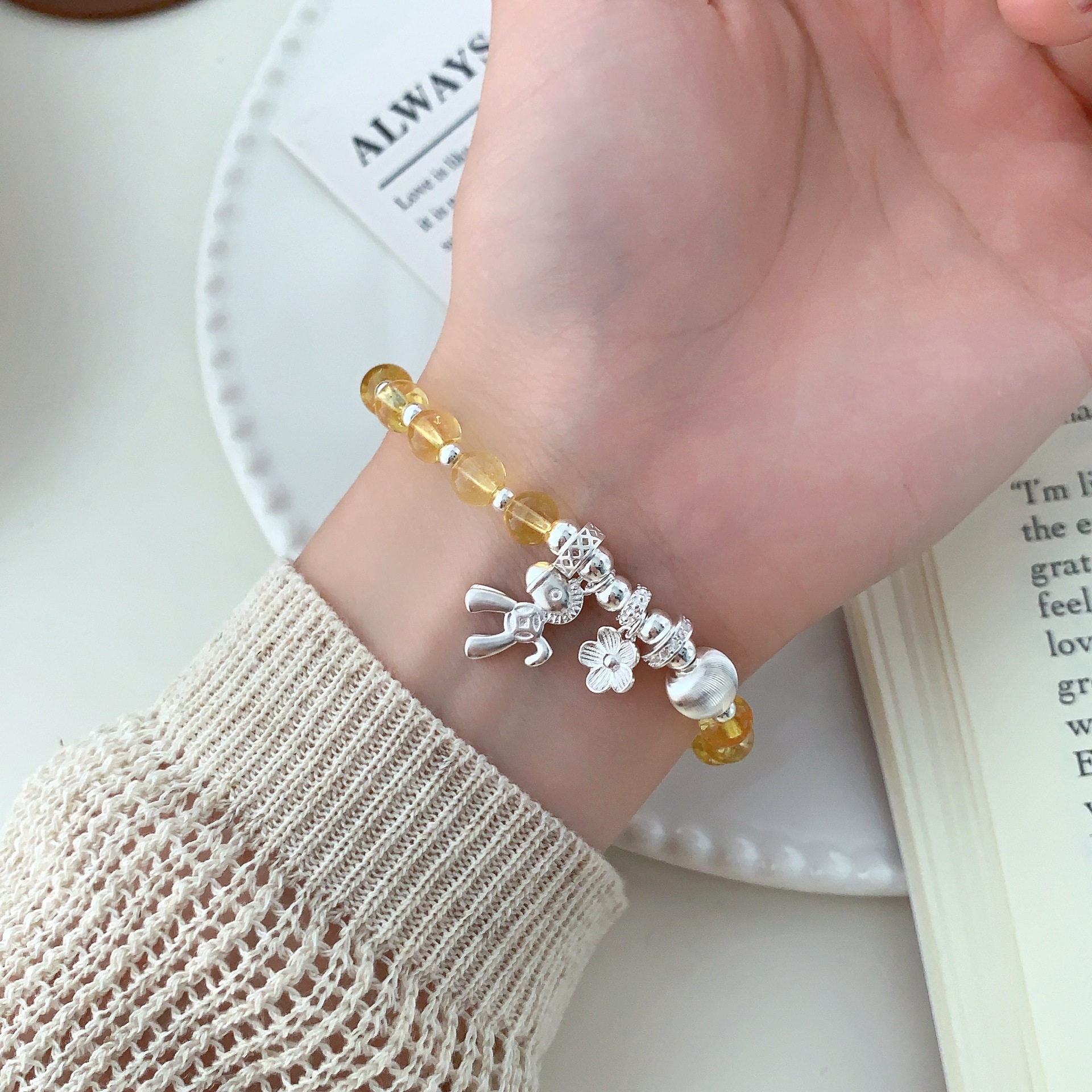 s925 sterling silver 12.2 citrine bracelet, a trendy design with cat-eye round beads, exudes a sense of fashion and sophistication pic 2