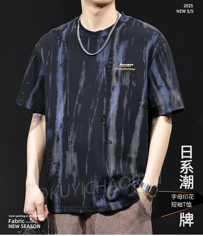 提花漏洞潮牌短袖t恤男士夏季2025新款大码高端衣服美式复古体恤详情1