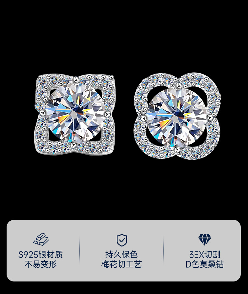 卓恒甄选S925纯银幸运草女耳钉简约AB款耳饰微镶莫桑钻耳环新年款小众设计详情1