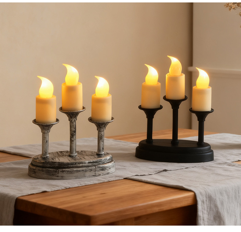 Retro three-headed LED electronic candle lamp, Nordic InS-style home decoration candlestick ornament, realistic romantic atmosphere lamp pic 10
