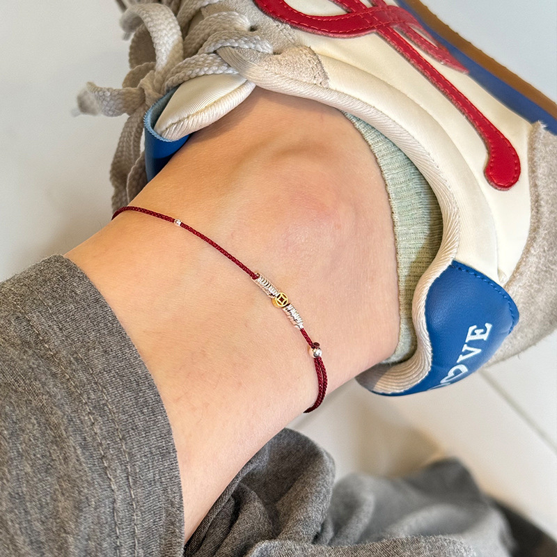 925纯银金银拼色钱币银圈红绳脚链女简约新中式设计脚裸链F4074详情4