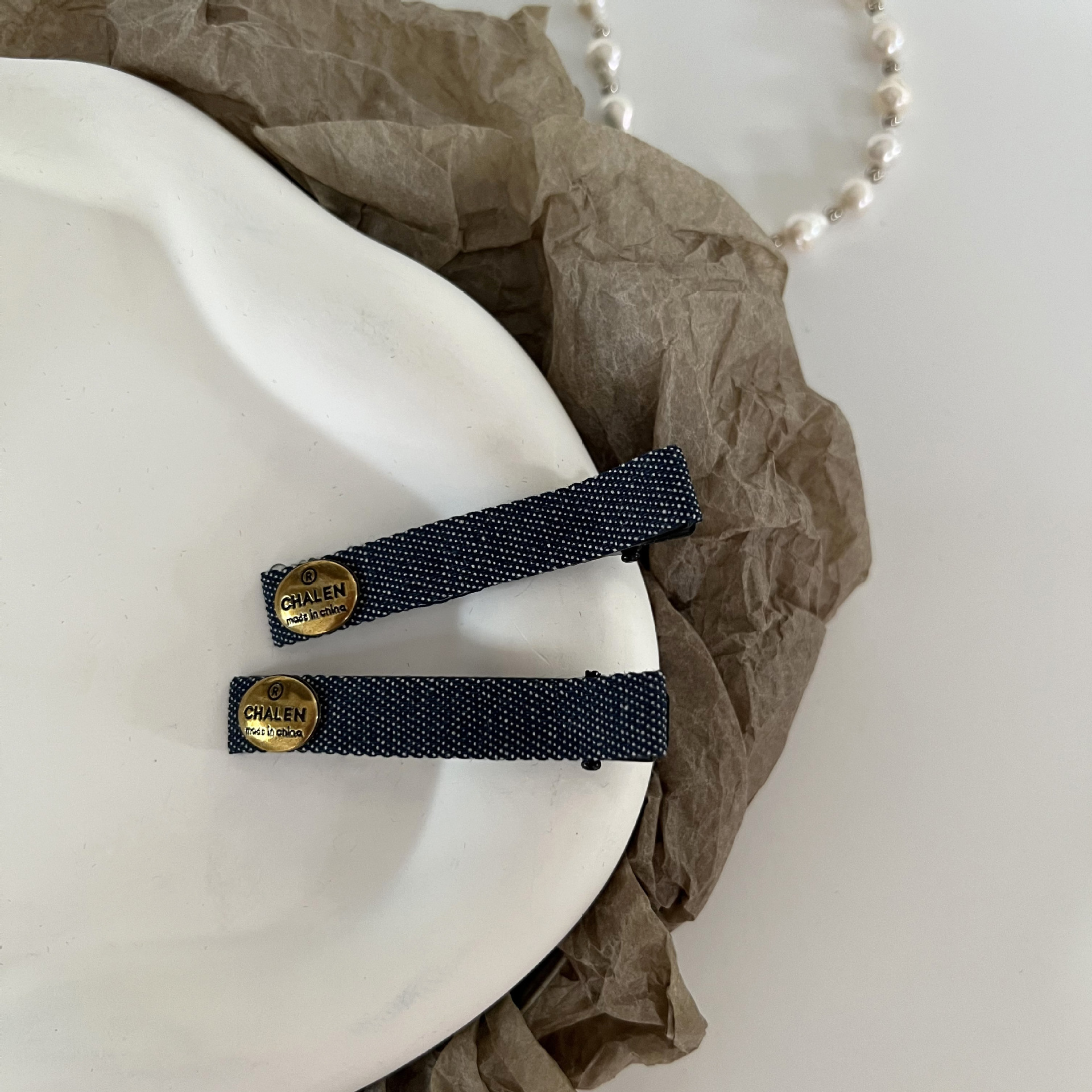 Korean denim gold label hair band and hairpin set, retro and high-end, high top sponge hair band, elegant side clip hair accessory pic 8