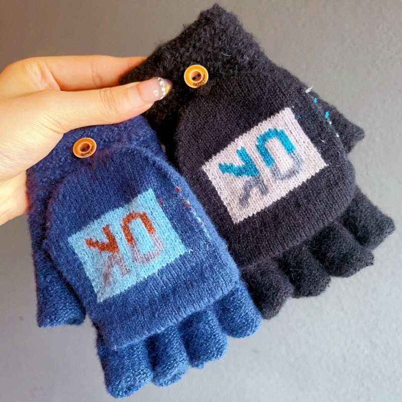 韩版手套冬季新款保暖防寒防冻男士简约户外骑行半指翻盖写字手套详情6