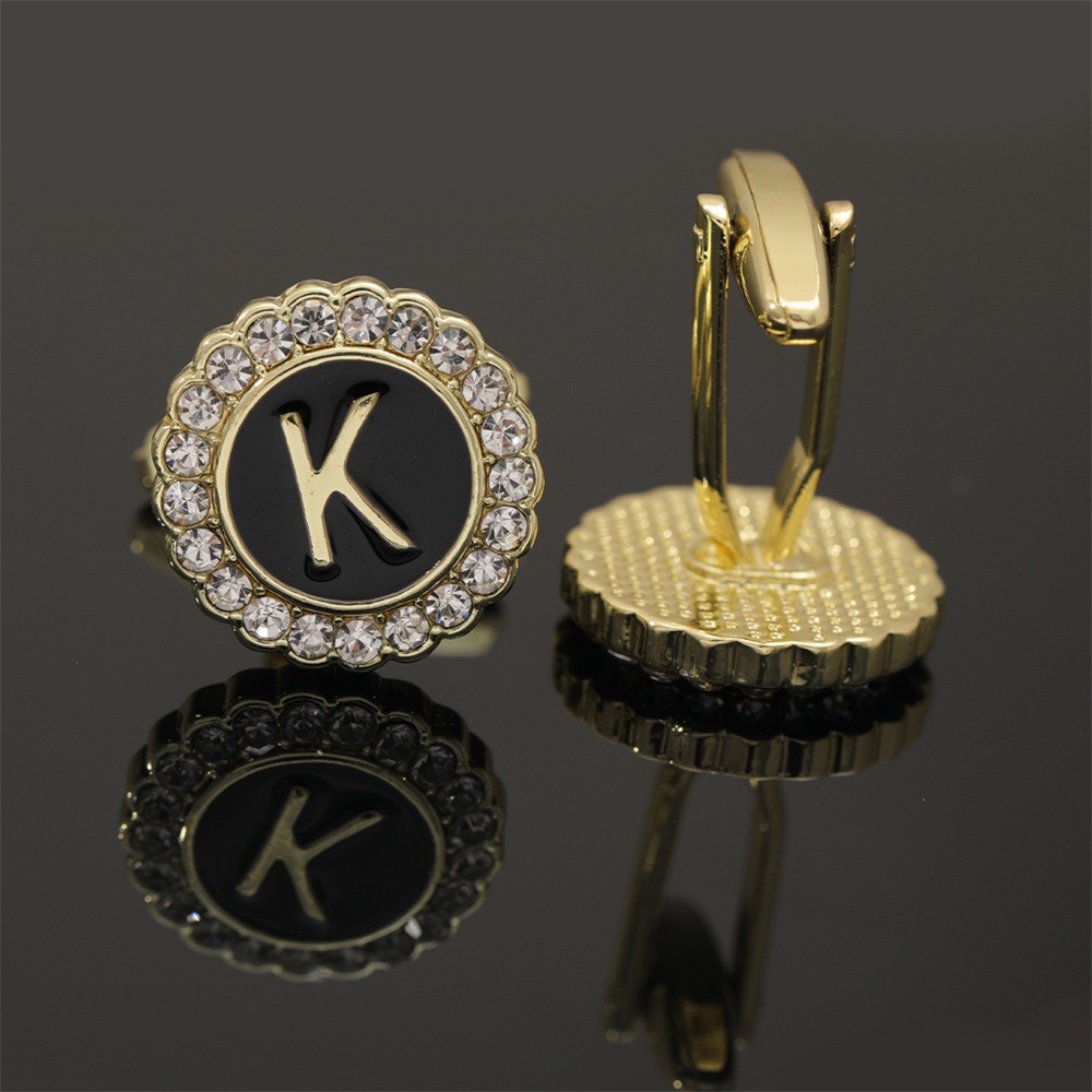 大写字母袖扣圆形镶钻袖钉合金滴油男士衬衫扣26英文字母A-Z配饰详情22