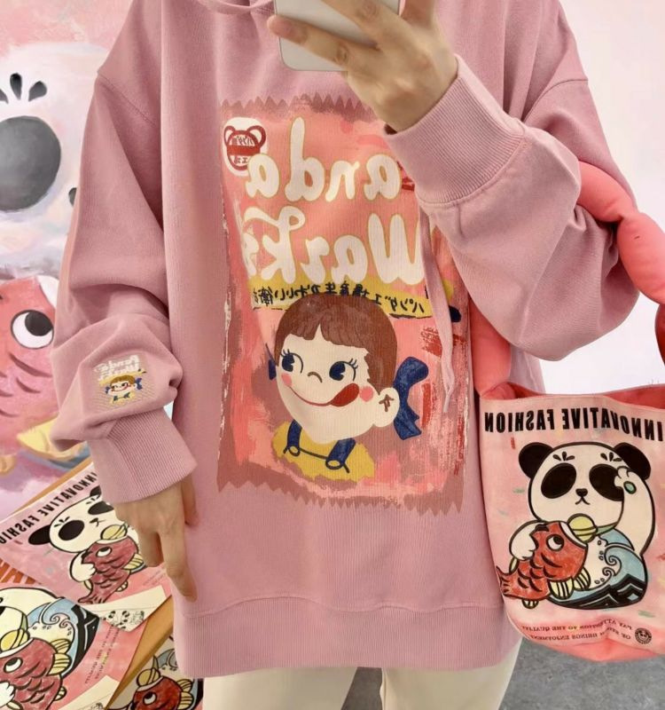 現貨代發跨境臺灣卡通不二家抓絨加厚連帽衛衣女2025秋冬新款上衣详情4