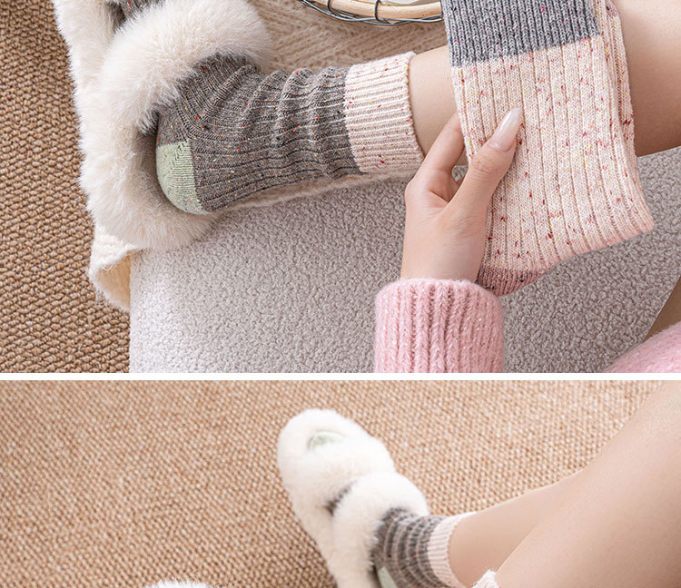 秋冬季新款羊毛袜子女中筒袜加绒加厚保暖点子纱拼色羊绒堆堆袜女详情13
