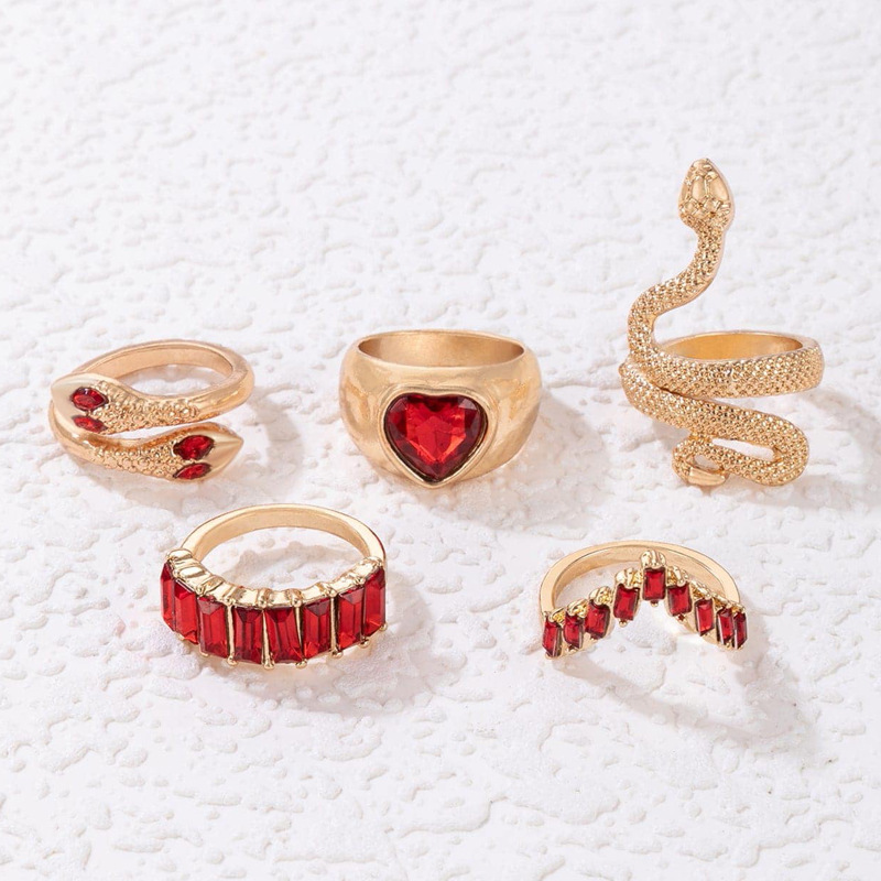 欧美流行饰品戒指手饰 蛇形爱心仿绿宝石镶钻ins风五件套戒指女详情32