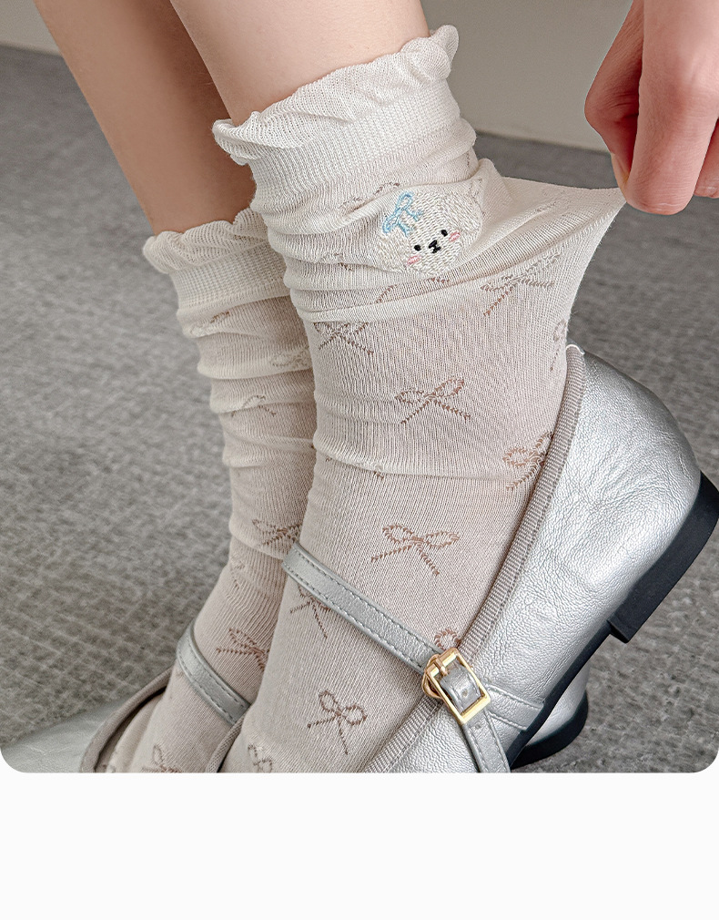 袜子女夏季薄款堆堆袜纯色纯棉无骨ins刺绣网眼透气吸汗中筒袜详情15