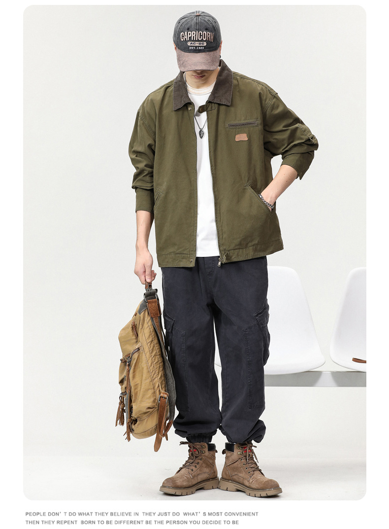 沐丘男装∣潮牌山系户外翻领宽松工装夹克男高级感珠帆布美式外套详情18