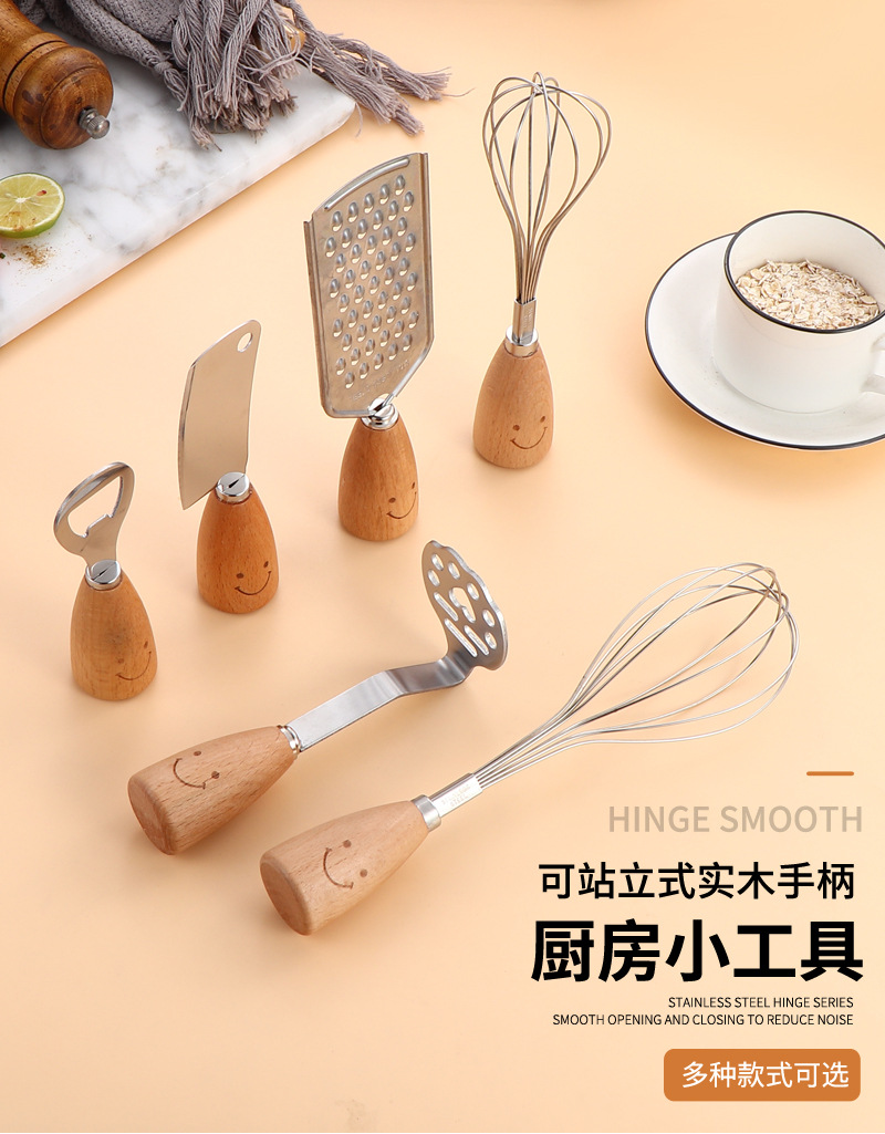 Smiling face wooden handle stainless steel potato puree maker, creative egg beater, grater, small kitchen knife for cutting and pressing potatoes pic 2