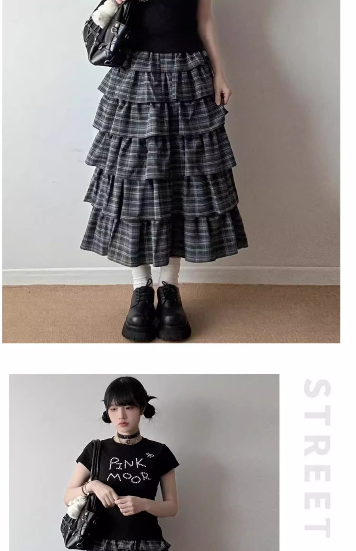 2025春秋新款女装黑色格纹蛋糕裙 高腰显瘦A字中长款半身裙 蓬蓬裙风格优雅大方详情14