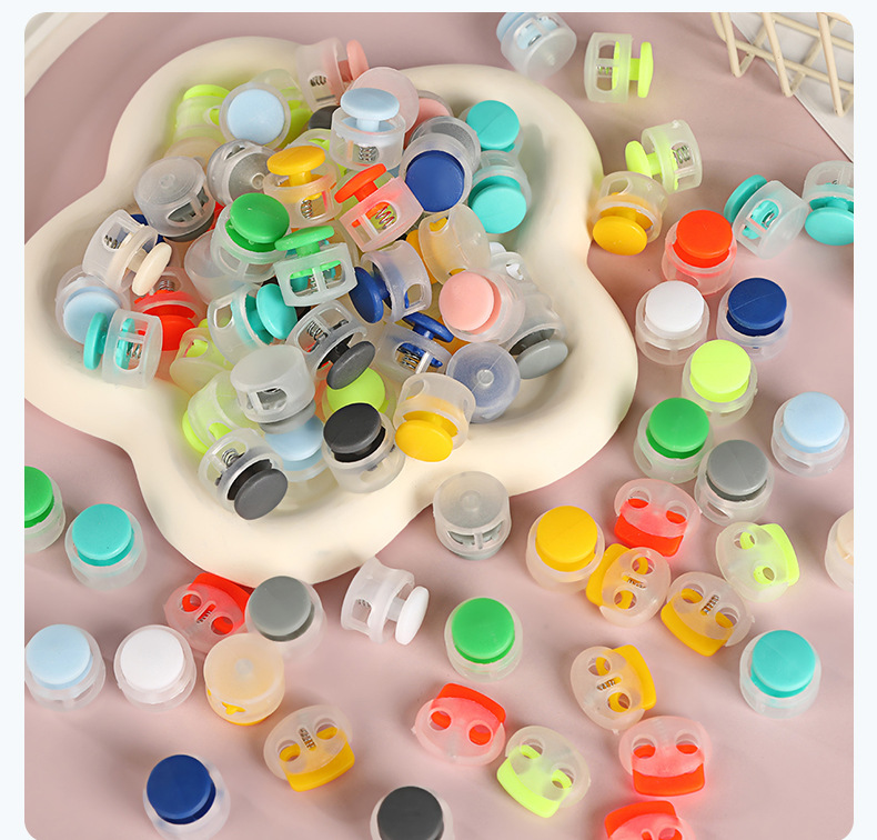 Colored plastic single-hole adjustable button clock cap, double-hole circular string button material, spring buckle, adjustable buckle, anti-slip pic 11
