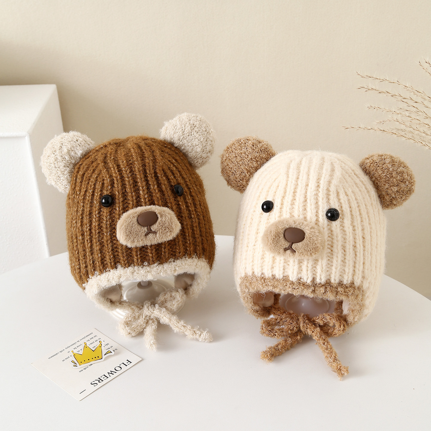 宝宝毛线帽冬季儿童针织帽男女童卡通护耳帽加厚防风帽可爱小熊帽详情2