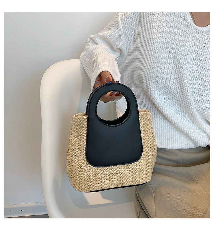 2023夏季复古撞色拼接草编包大容量手工编织包简约时尚单肩手提包详情17
