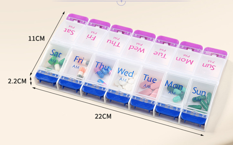 跨境专供按压弹簧药盒英文款双排7天便携式药盒双排一周14格药盒详情10