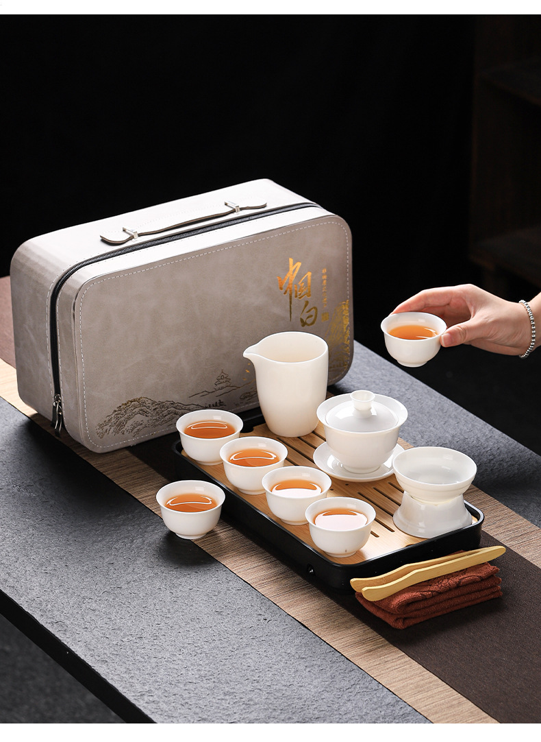 羊脂玉白瓷茶具套装全套功夫茶具盖碗茶杯旅行茶具便携礼盒印LOGO详情4