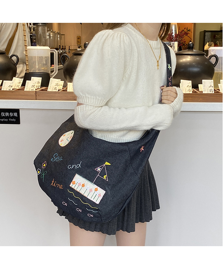 ins新款小插画牛仔斜挎包包女百搭大容量单肩包袋口拉链学生书包详情11