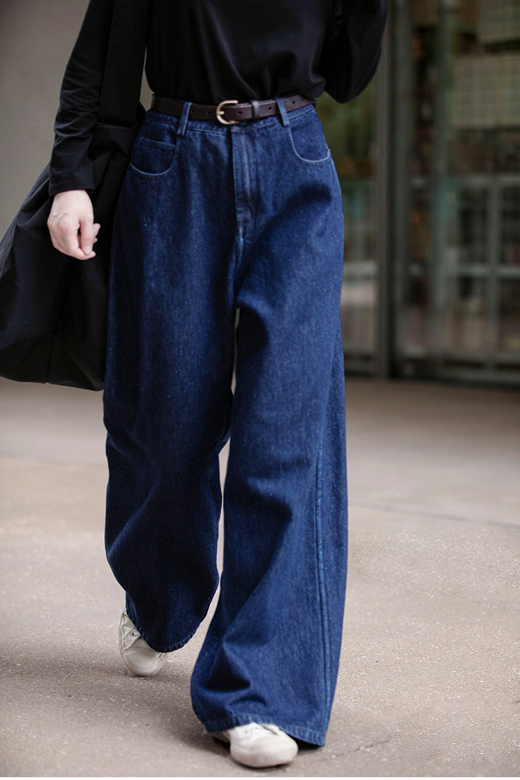 A niche all-season deep indigo blue mid-waisted loose and versatile wide-leg jeans pic 13