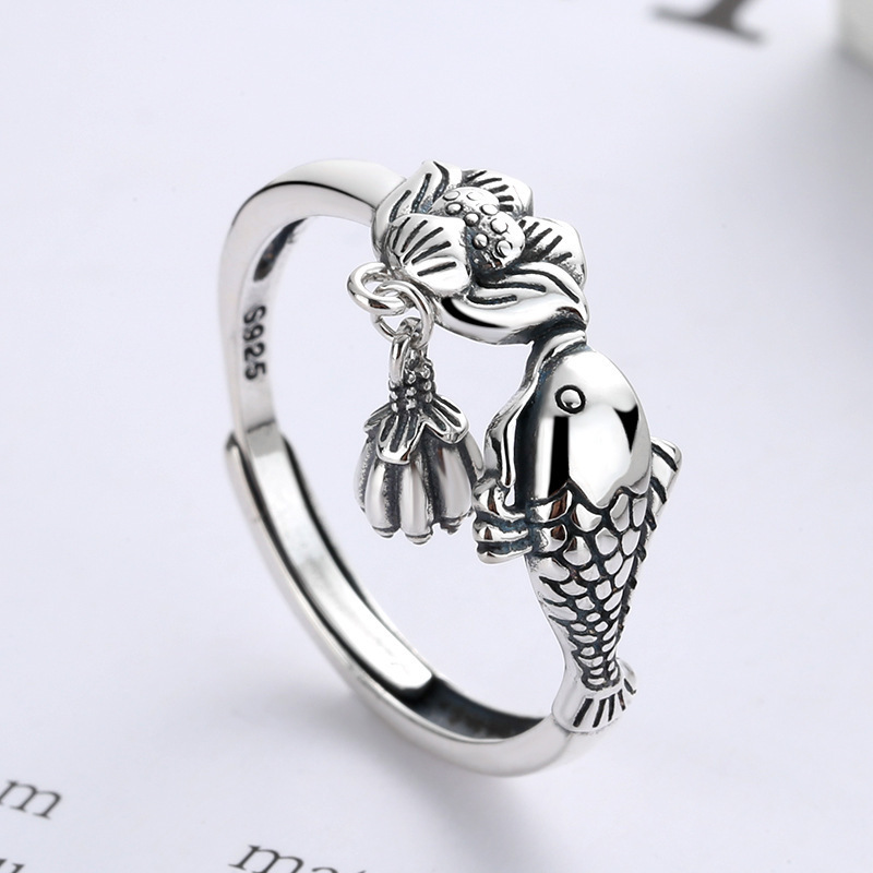 Silver-plated wealth-attracting lotus pod small koi fish ring, with an abundance every year, retro small fish lotus flower lotus pod ring opening pic 2