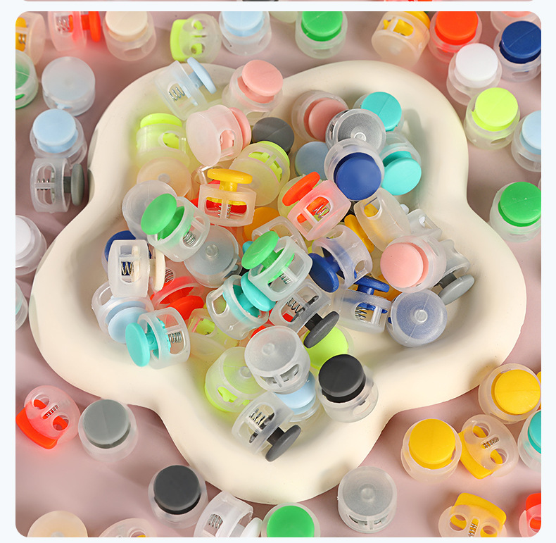 Colored plastic single-hole adjustable button clock cap, double-hole circular string button material, spring buckle, adjustable buckle, anti-slip pic 12