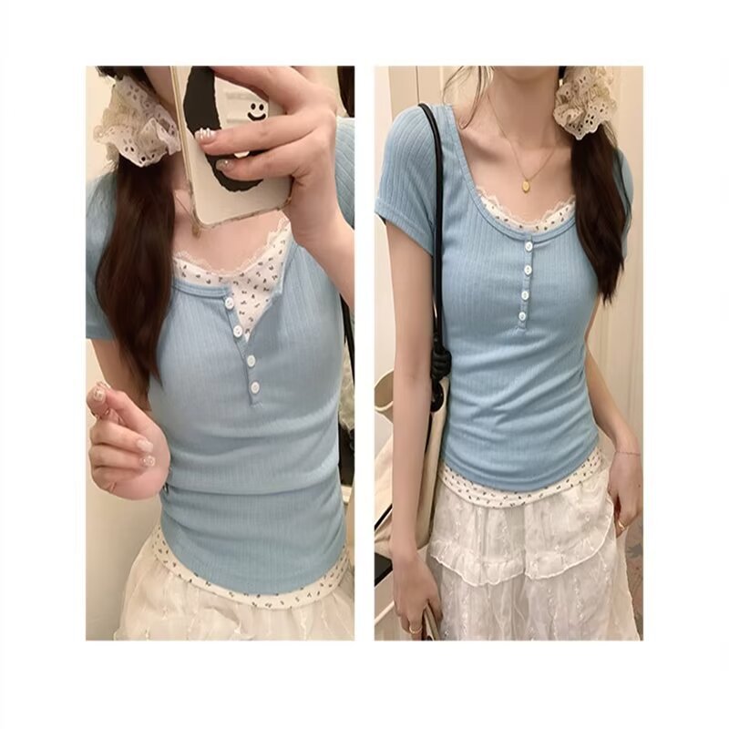 纯欲蕾丝正肩短袖T恤女夏季蓝色多巴胺bm假两件碎花修身短款上衣详情4