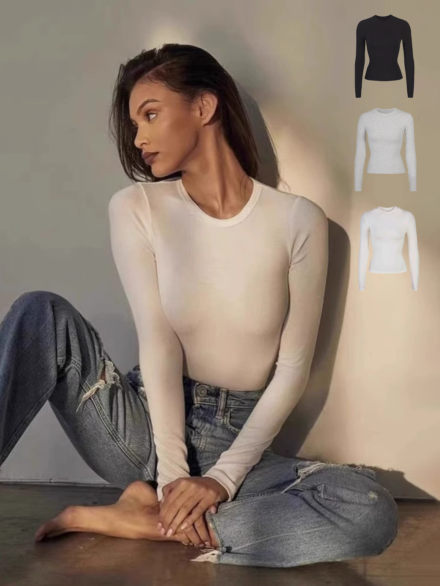 现货质感亲肤skims正肩莫代尔弹力紧身运动长袖t恤收腰上衣打底衫详情7