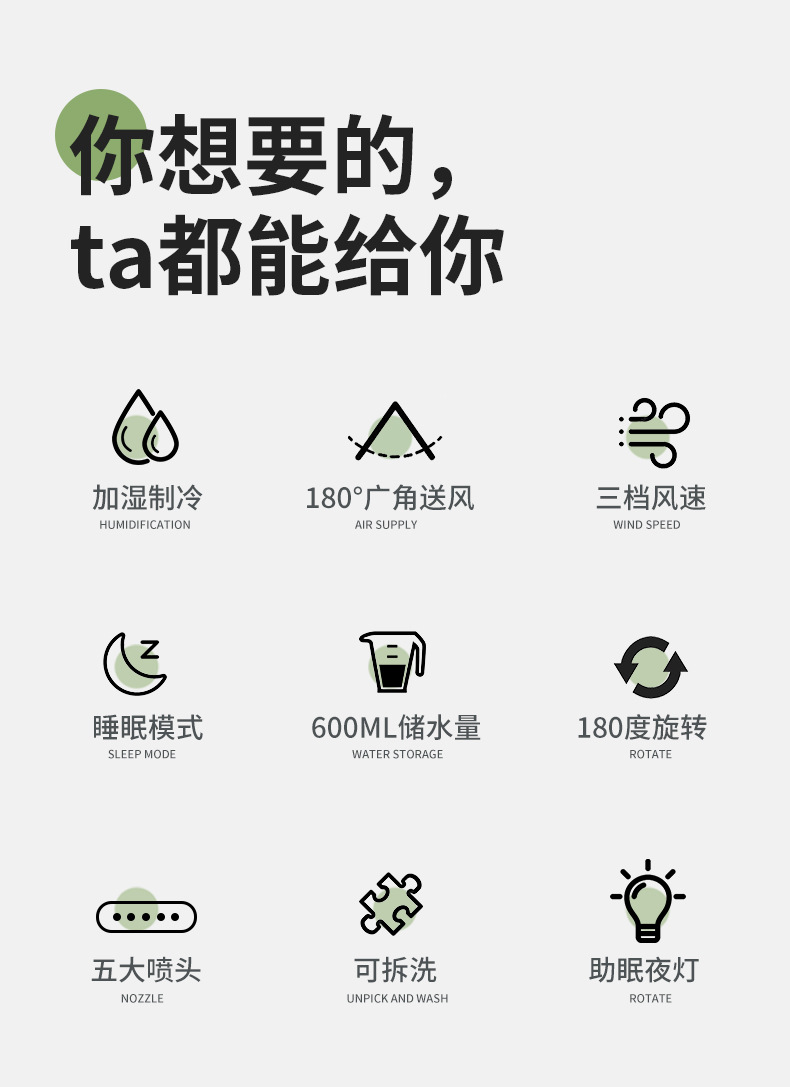 跨境新款USB迷你电风扇 小蛮腰五孔喷雾风扇 夜灯加湿制冷喷雾扇 小空调便携式迷你风扇 创意家用电扇详情3