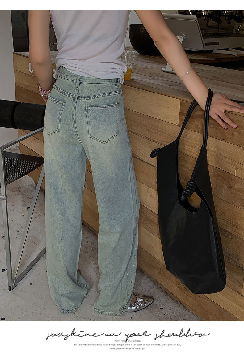 怀旧蓝牛仔高腰阔腿裤女2024春夏新款设计感烫钻时尚拖地裤详情17