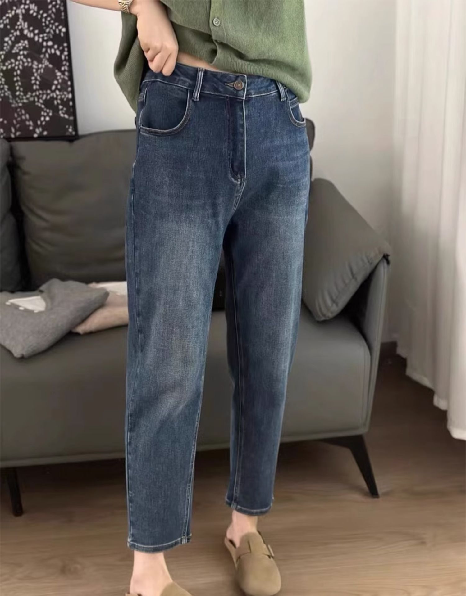大码梨形身材弹力哈伦牛仔裤女2024春秋小个子高腰显瘦九分直筒裤详情4