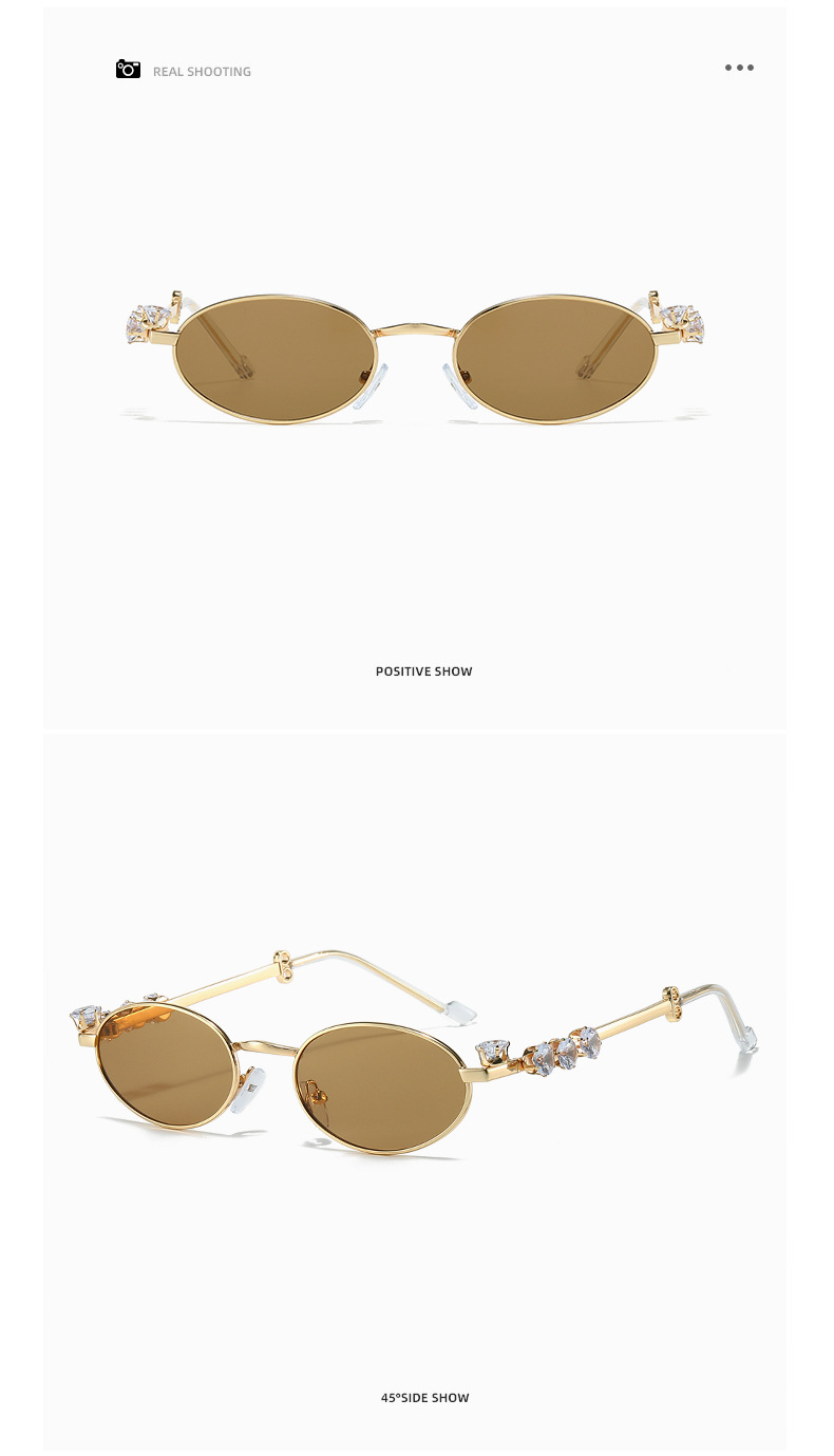 Metal diamond-encrusted oval small frame glasses, ins style cross-border resin anti-blue light glasses, water diamond plain y2k sunglasses pic 10