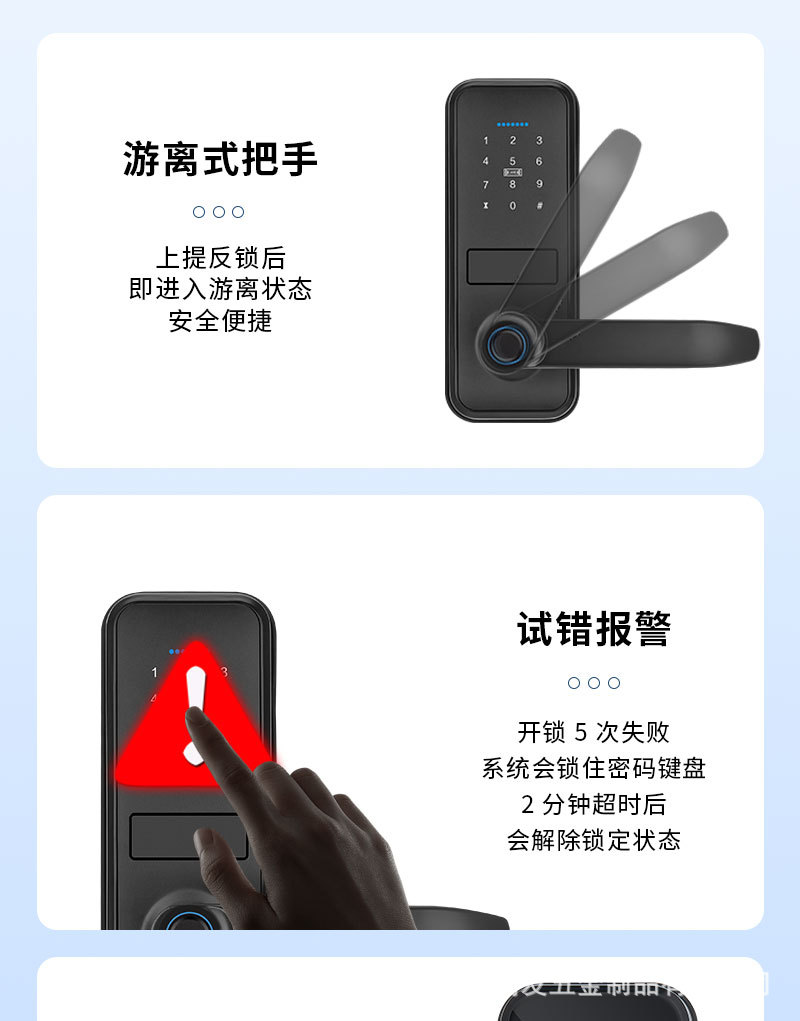 Black fingerprint smart lock with digital keyboard, circular sensing ring and door handle pic 17