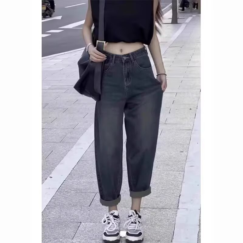 春夏大码新款复古哈伦牛仔裤女梨型身材显瘦高腰小个子九分老爹裤详情4
