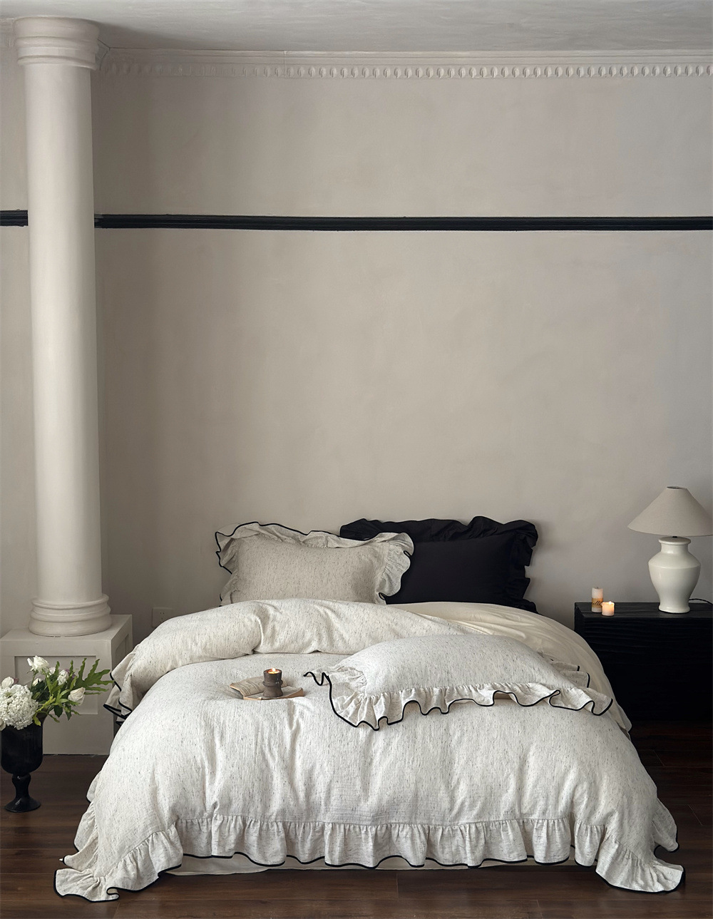 French-style high-grade dyed all-cotton double-layer yarn four-piece set, pure cotton black fringed lace duvet cover, princess-style naked sleeping bed sheet pic 5