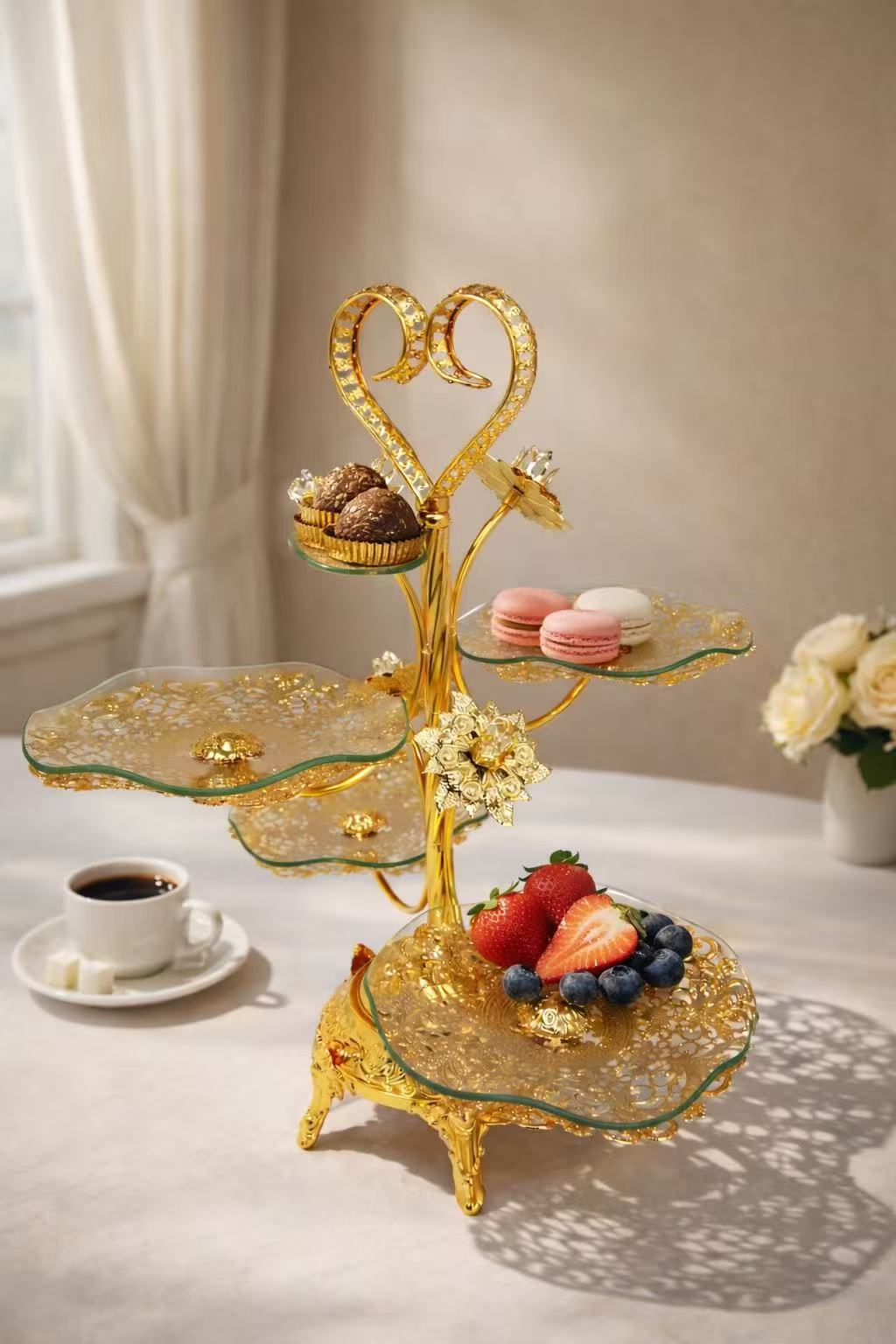 高档欧美风四格圆形水果果盘创意轻奢茶几摆件多层三层网红包装托盘其他托盘详情11