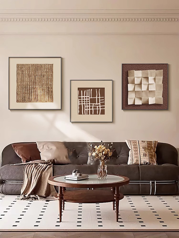原木侘寂风客厅装饰画高级感现代沙发背景墙三联挂画抽象几何壁画详情14