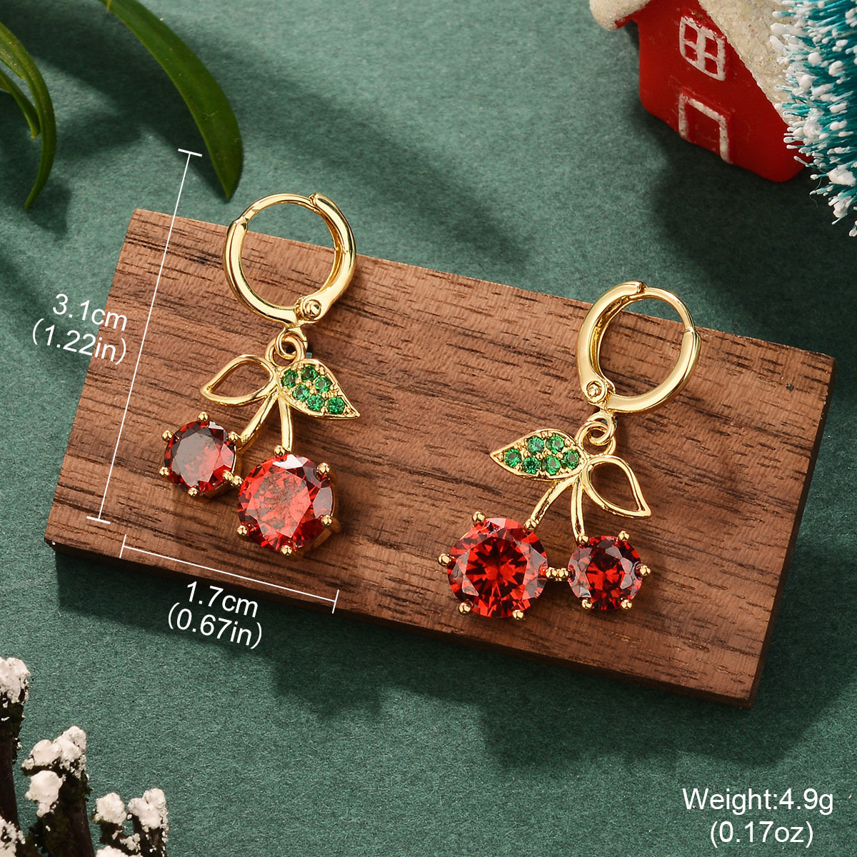 欧美ins樱桃耳环圣诞节设计感镶锆石绿色新年高级感复古甜美耳饰详情27