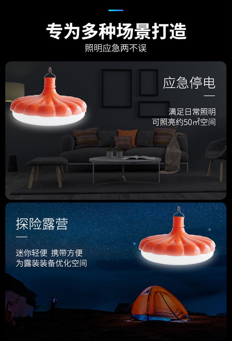 Wholesale of LED power failure emergency bulb lights, USB charging household night market outdoor camping lights, waterproof pumpkin flying saucer lights pic 2