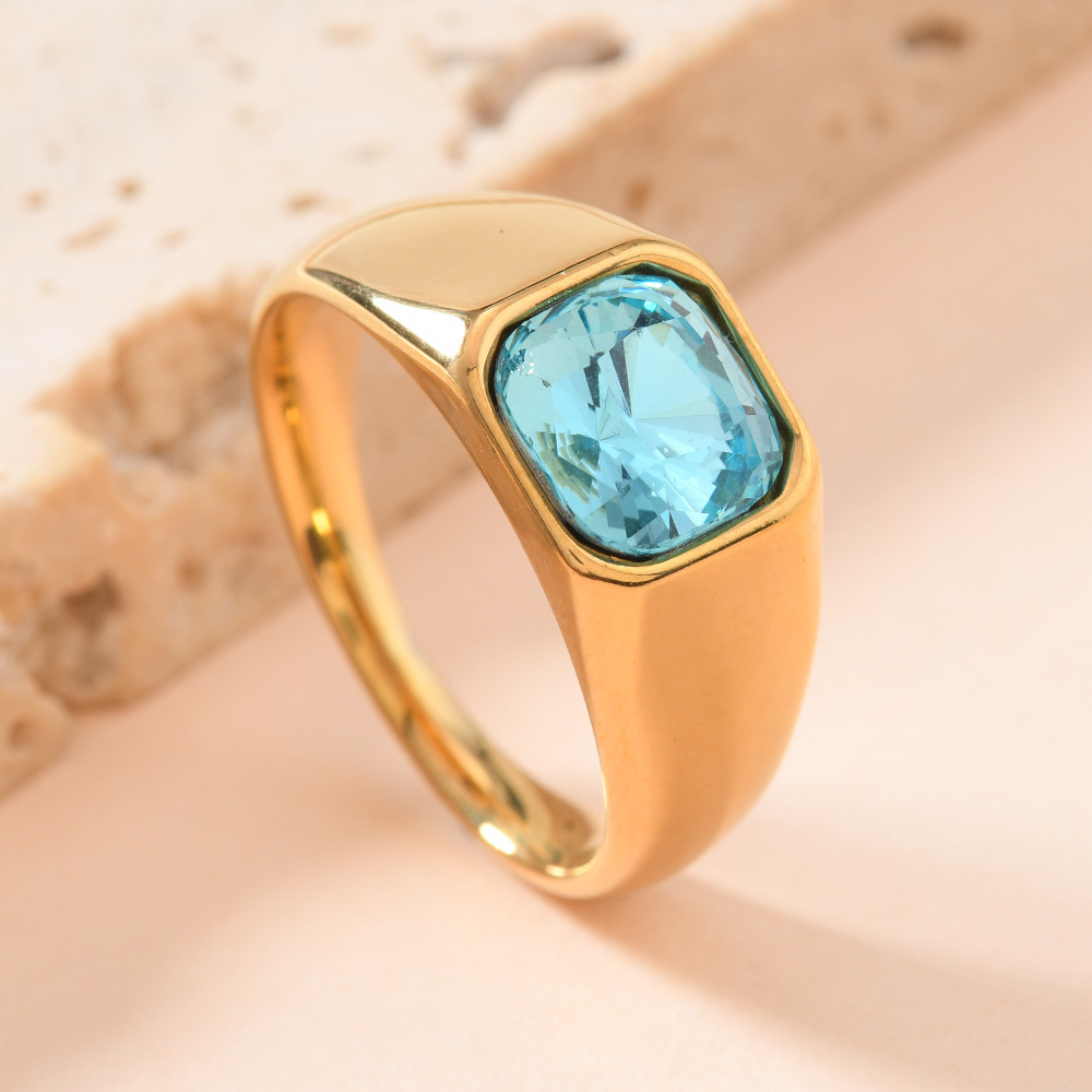 欧美跨境不锈钢铸造饰品男女通用 镶方形彩钻戒指镀18k金锆石戒指详情5