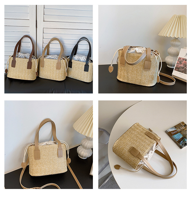 韩国ins草编织手提包夏季新款休闲度假女菜篮子单肩包撞色斜挎包详情8