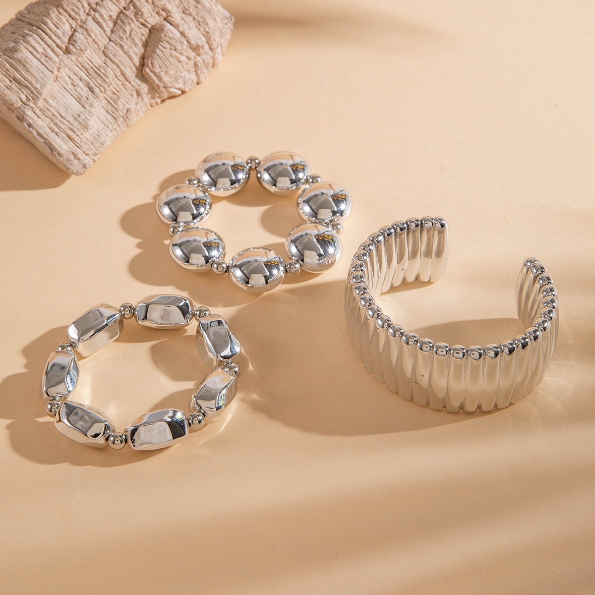 欧美跨境新款多层线条缠绕几何开口手镯套装朋克风波浪形串珠手链详情54