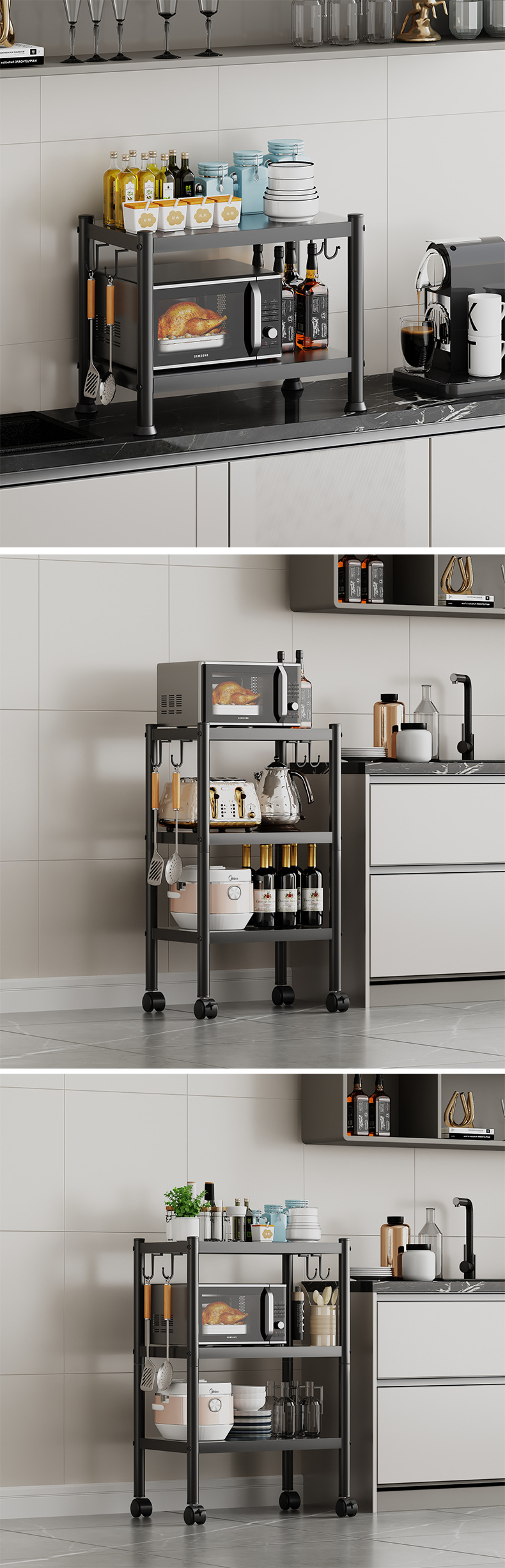 跨境厨房置物架厂家两层面包储物柜家用金属多层带轮子移动置物架详情10